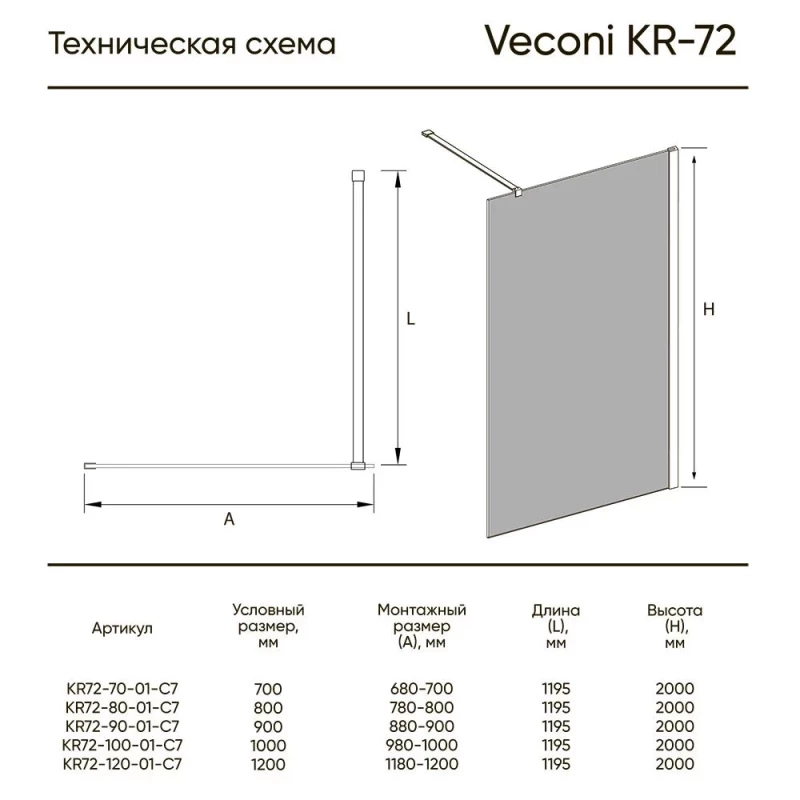 Неподвижная перегородка 120 см Veconi Korato KR72-120-01-C7 прозрачное