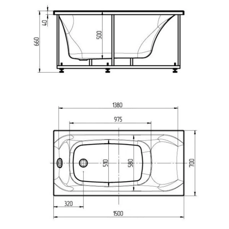 Акриловая гидромассажная ванна 150x70 см пневматическое управление плоские форсунки Aquatek Альфа-150