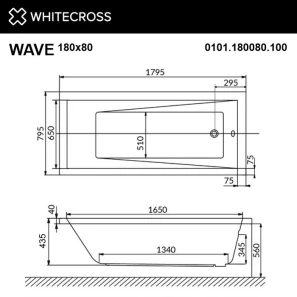 Изображение товара акриловая ванна 179,5x79,5 см whitecross wave 0101.180080.100