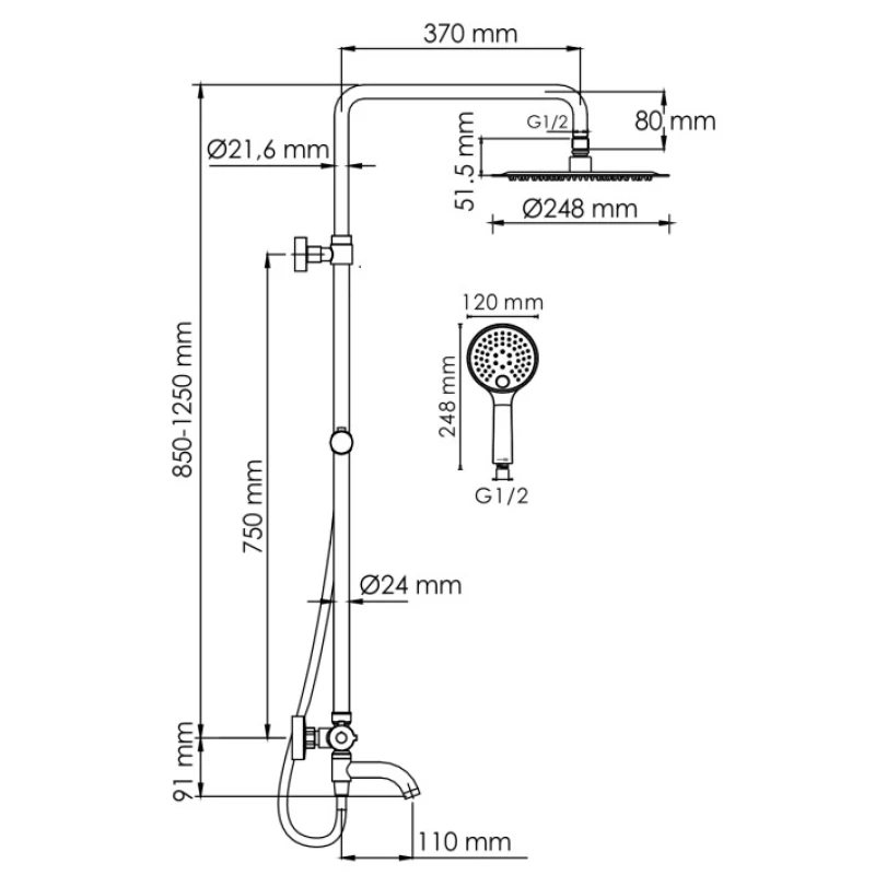 Душевая система 248 мм WasserKRAFT Sauer A188.208.207.PG Thermo