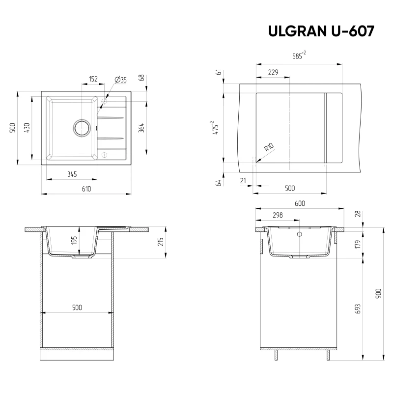 Кухонная мойка Ulgran графит U-607-342
