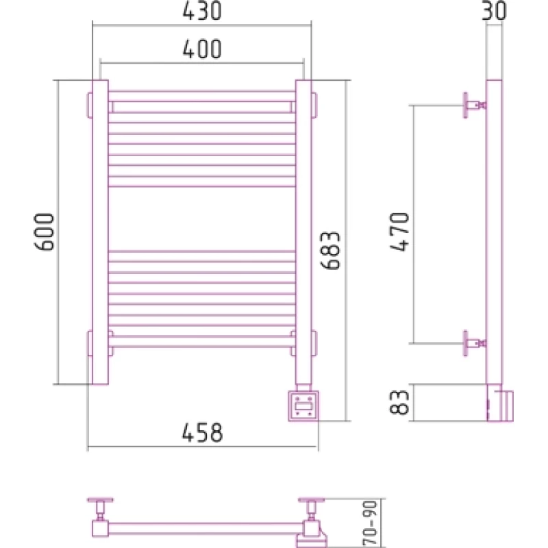 Полотенцесушитель электрический скрытое подключение 600x400 ТЭН левый Сунержа Модус 00-0526-6040
