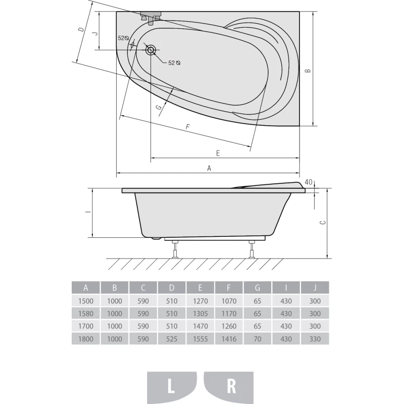 Акриловая ванна 150x100 см L Alpen Naos 18111