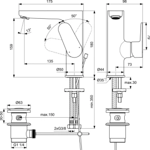 Изображение товара смеситель для раковины с донным клапаном ideal standard cerafine o bc703aa