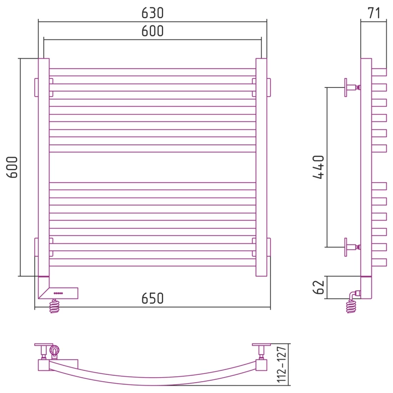 Полотенцесушитель электрический 600x600 состаренная латунь МЭМ правый Сунержа Аркус 2.0 051-5605-6060