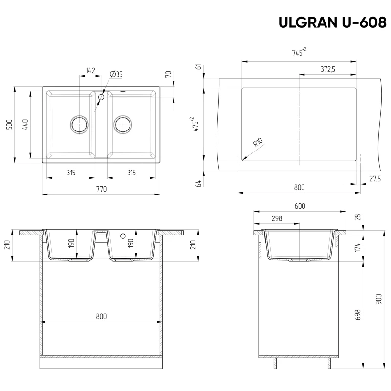 Кухонная мойка Ulgran графит U-608-342