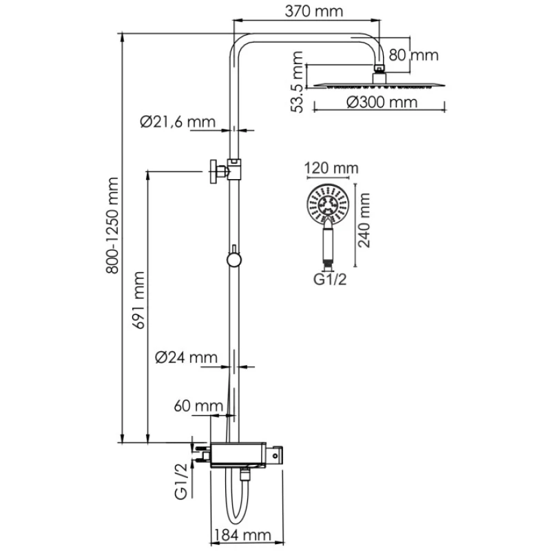 Душевая система 300 мм WasserKRAFT Aller A113.116.058.CH Thermo