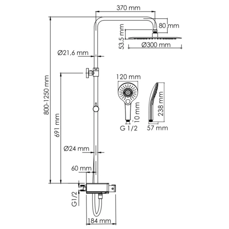 Душевая система 300 мм WasserKRAFT Aller A113.116.101.CH Thermo