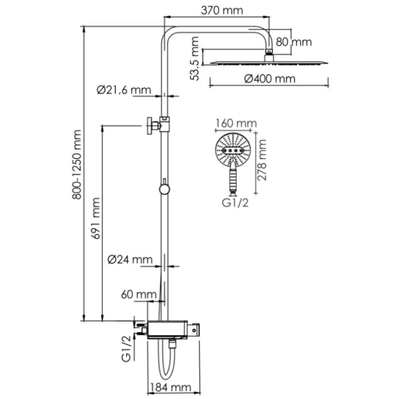 Душевая система 400 мм WasserKRAFT Aller A113.117.059.CH Thermo