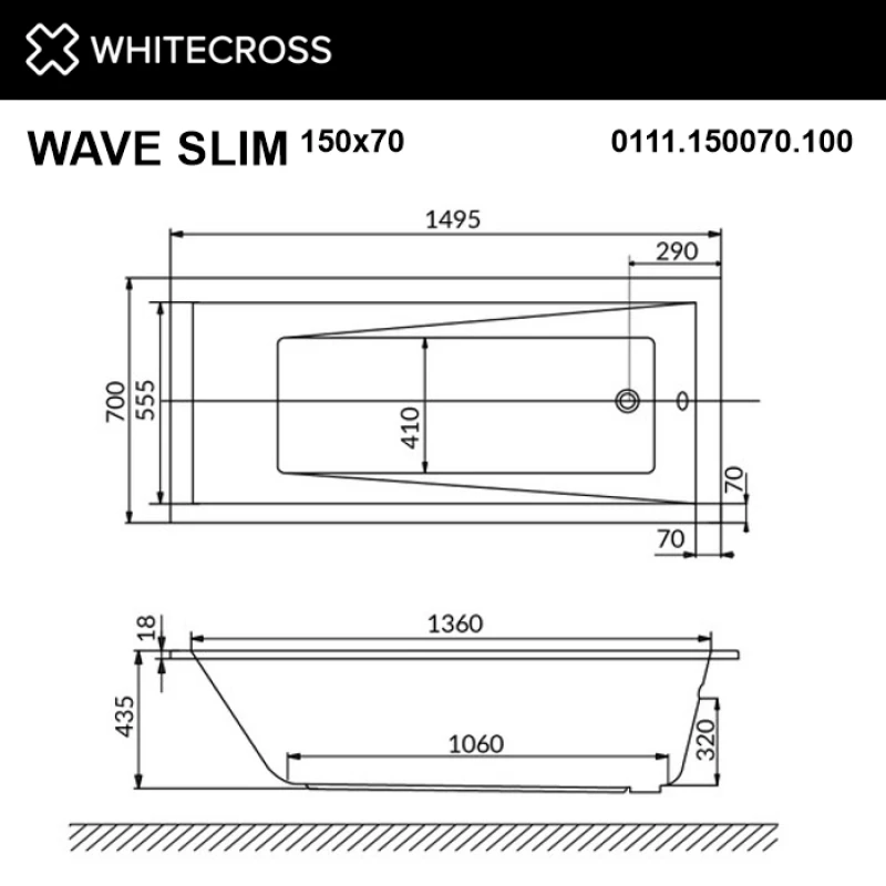 Акриловая гидромассажная ванна 149,5x70 см Whitecross Wave Slim 0111.150070.100.RELAX.GL