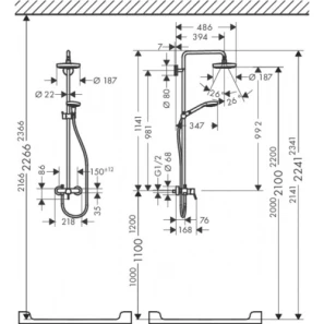 Изображение товара душевая система с однорычажным смесителем hansgrohe croma select s 180 2jet showerpipe, 27255400
