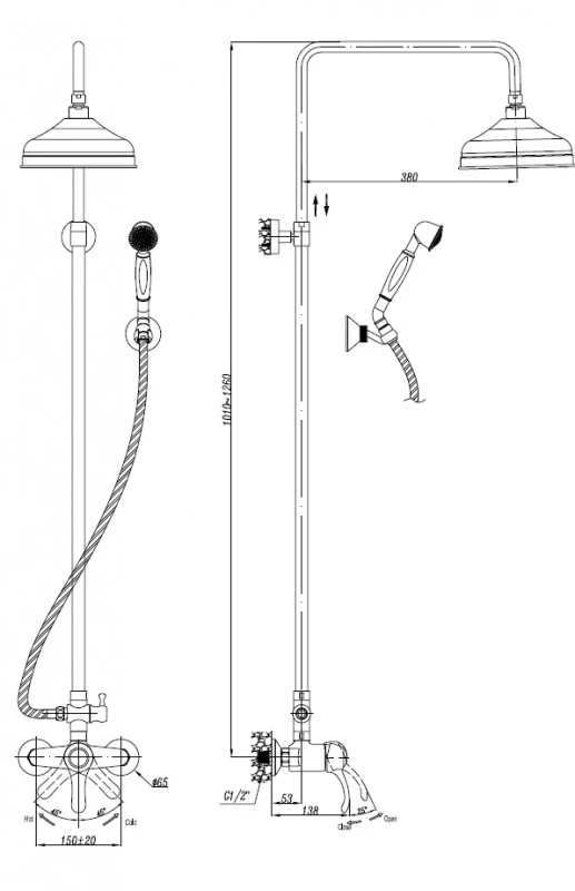 Душевая колонна со смесителем, верхним и ручным душем хром, ручки хром Cezares Lira LIRA-M-CD-01